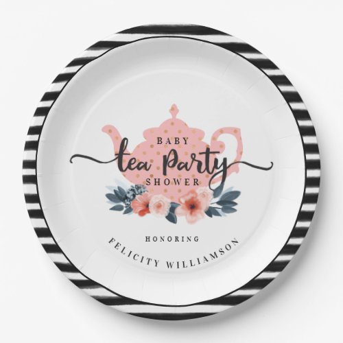 Stripe Vintage Floral Tea Party Girl Baby Shower Paper Plates