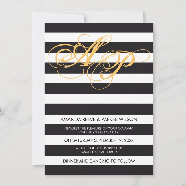 Stripe wedding invitation template black and white (Front)