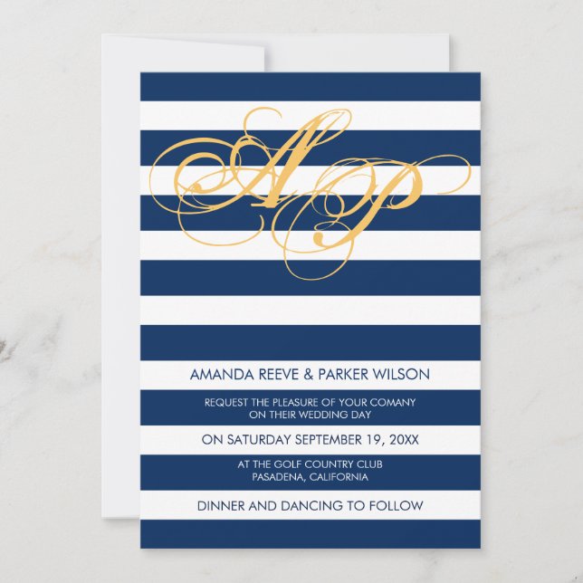 Stripe wedding invitation template blue navy (Front)