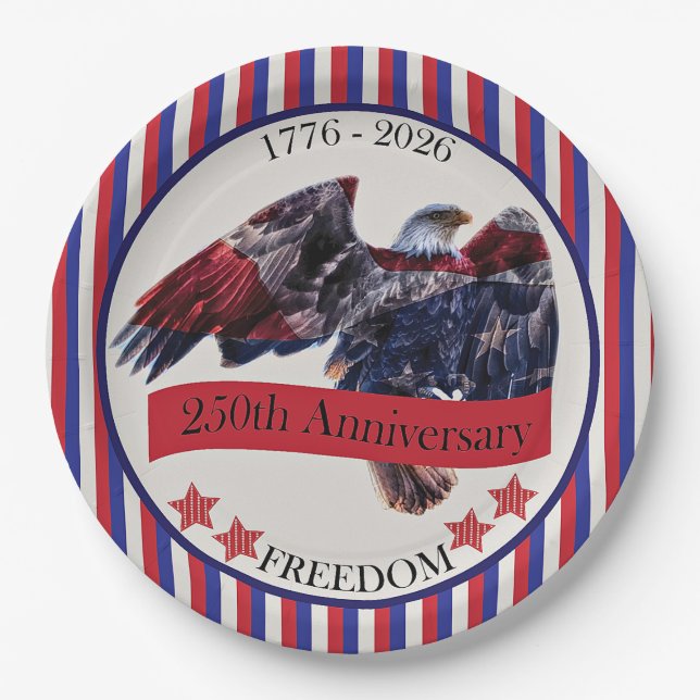 Striped 250th Anniversary Eagle  Paper Plates (Front)