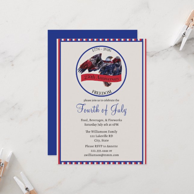 Striped 250th Anniversary Eagle Party Invitation (Front/Back In Situ)