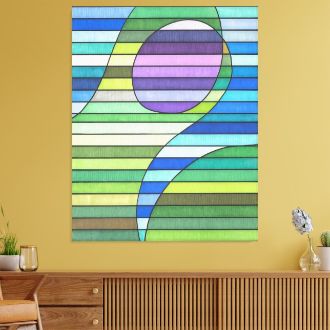 Striped Abstract Green Waves and Purple Circle Canvas Print (Insitu(LivingRoom))
