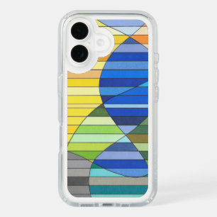 Striped Abstract with Yellow and Blue Shapes iPhone 16 Case