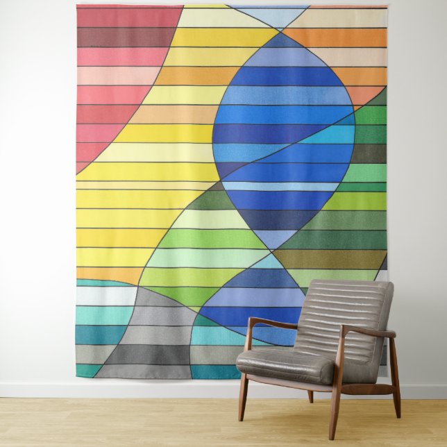 Striped Abstract with Yellow and Blue Shapes Tapestry (In Situ)