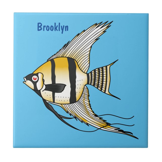Striped angelfish cartoon illustration ceramic tile (Front)