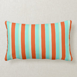 Striped Aqua Blue and Tangerine Orange Lumbar Pillow