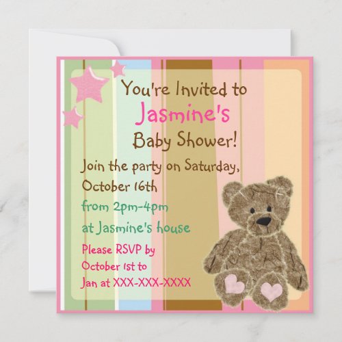 Striped baby girl teddy bear shower invitations
