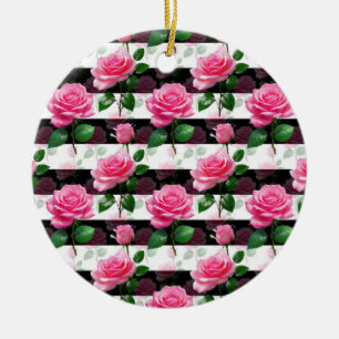 Striped Background Rose Flower Pattern Design Ceramic Ornament