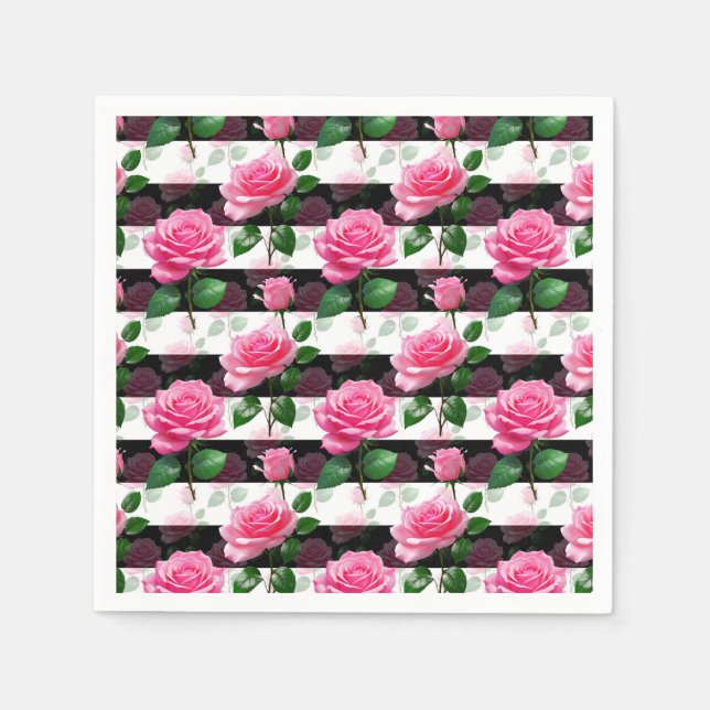Striped Background Rose Flower Pattern Design  Napkins (Front)