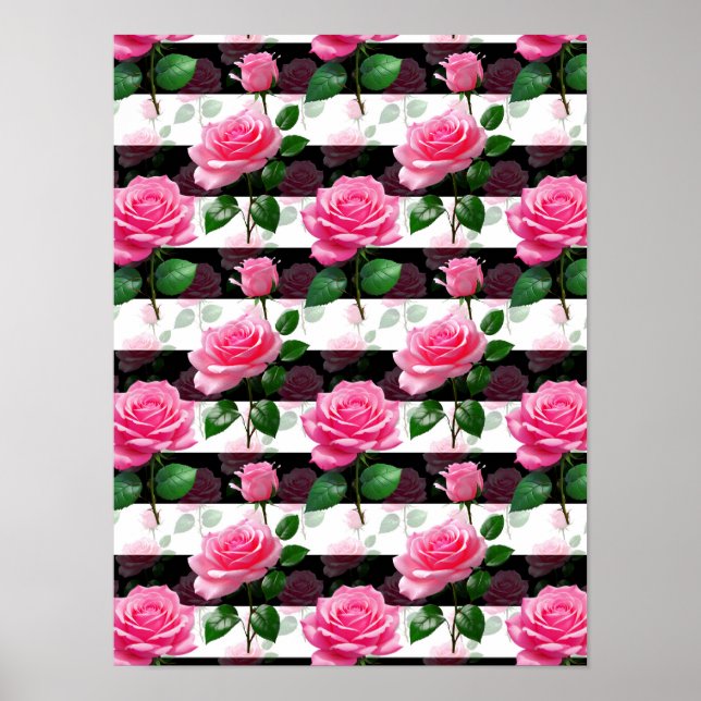 Striped Background Rose Flower Pattern Design  Poster (Front)
