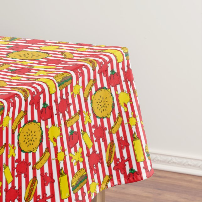 Striped Baseball Ballpark Hot Dogs Burgers Pattern Tablecloth (In Situ)