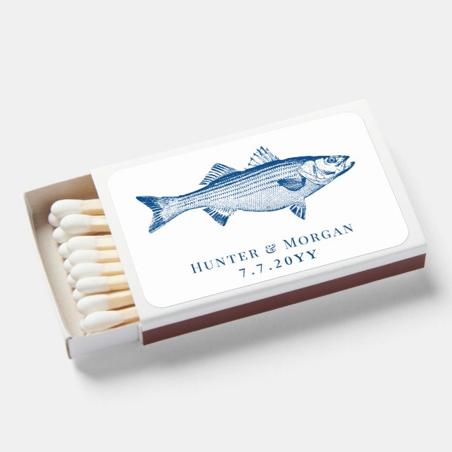 Striped Bass Fish Elegant Navy Blue Wedding Favor Matchboxes (Front Open)