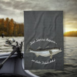 Striped Bass Fishing•Custom Kitchen Towel<br><div class="desc">•Striped bass graphic.  Silvery,  shiny fish with striped dots on back and tail.
•Faux dark blue slate background.
•Customizable double line of text.</div>