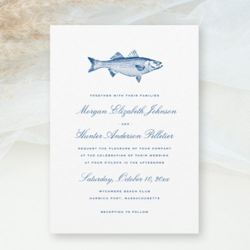 Striped Bass Fishing Theme Elegant Navy Wedding Invitation