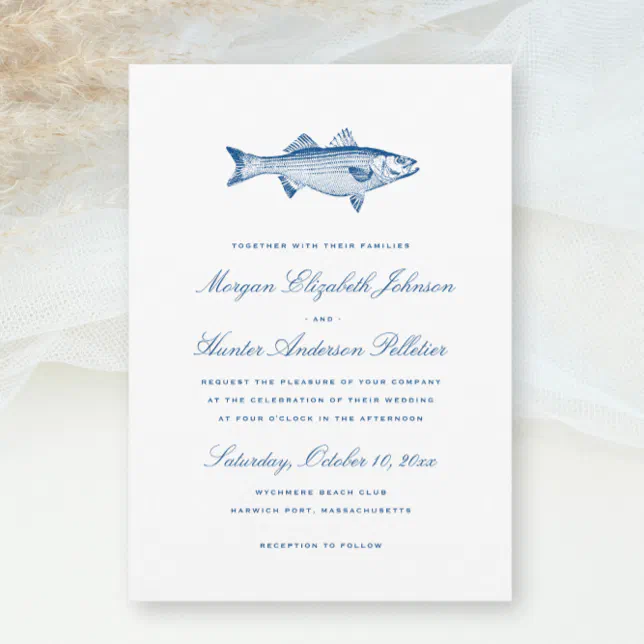 Striped Bass Fishing Theme Elegant Navy Wedding Invitation | Zazzle