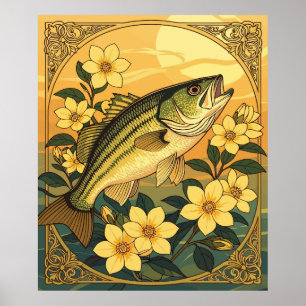 Striped Bass Rockfish And Yellow Jasmine Flowers Poster