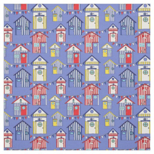 Striped Beach Hut Pattern in Red Blue and Yellow Fabric