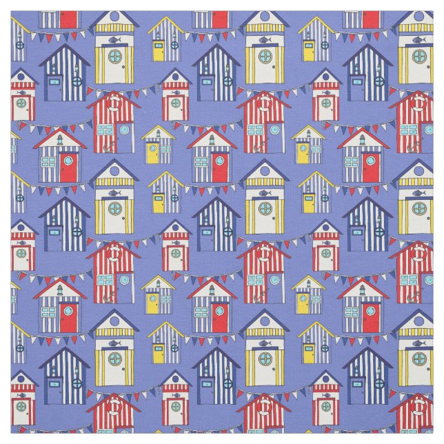 Striped Beach Hut Pattern in Red Blue and Yellow Fabric (Swatch)