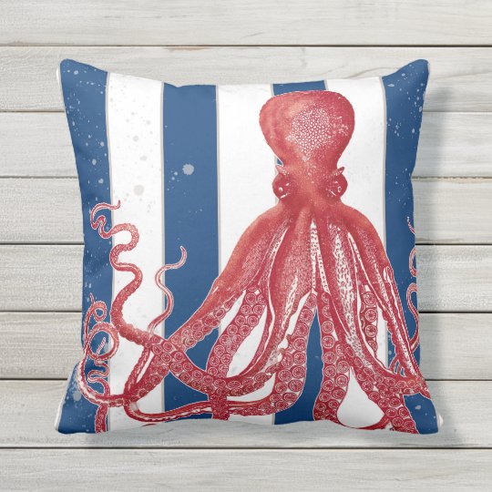 Striped Beach Ocean Red Octopus Modern Vintage 3 Outdoor Pillow