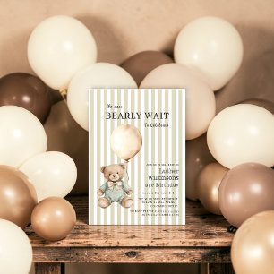 Striped Beige Teddy Bear Baby Boy Birthday Invite