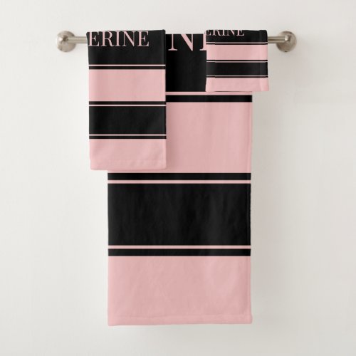 Striped Black and Pink Custom Name Bath Towel Set