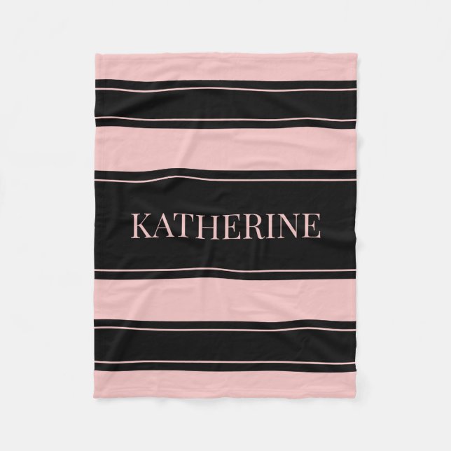 Striped Black and Pink Custom Name Fleece Blanket (Front)