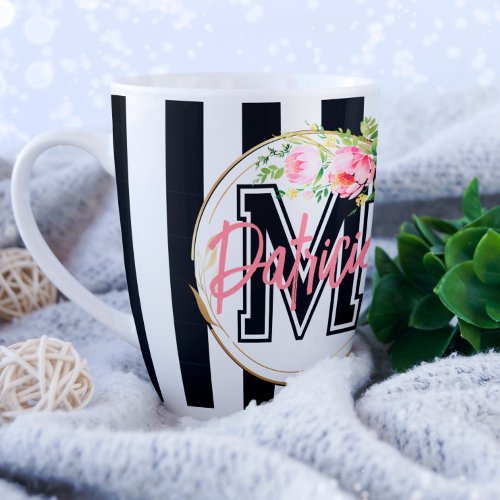 striped black and white pink Floral decorative Coffee Mug