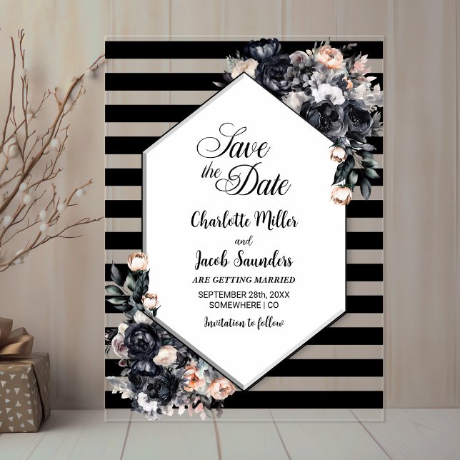 Striped Black Floral Acrylic Save the Date (Creator Uploaded)