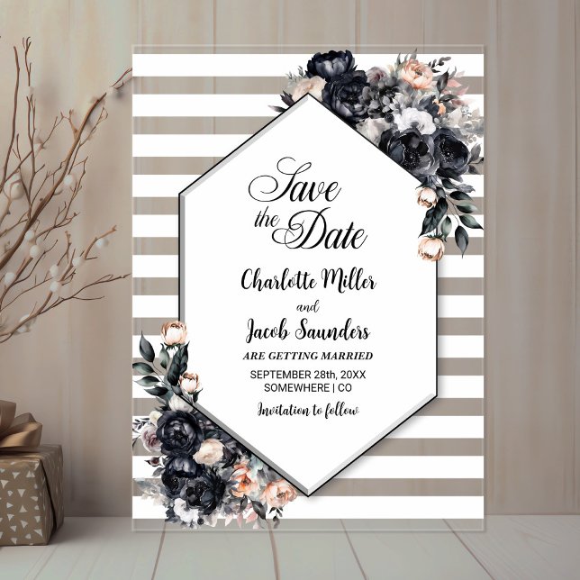 Striped Black Floral Acrylic Save the Date (Creator Uploaded)