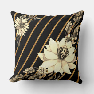 Striped Black Gold with White Rose Throw Pillow