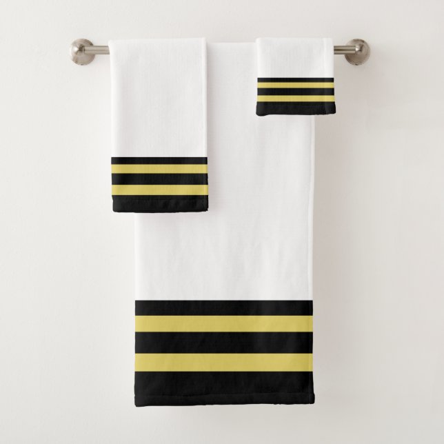 Striped Black & Golden on White Bath Towel Set (Insitu)