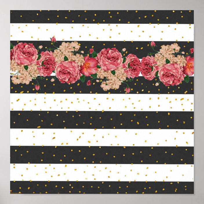 Striped black pink gold glitter confetti floral poster | Zazzle.com