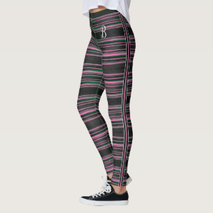 Striped Black Pink Green Fashion Fabric Monogram Leggings