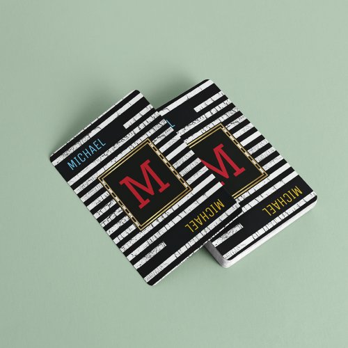 striped black playing cards with monogram