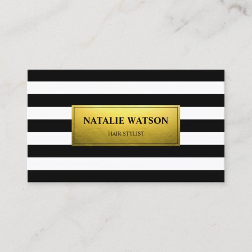 Striped Black White FAUX Gold Foil Modern Elegant Business Card