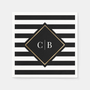 Striped Black White Gold Frame Monogram Wedding Napkins