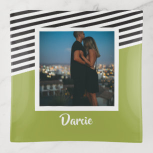 Striped Black White Photo Personalized Green Trinket Tray