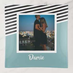 Striped Black White Photo Personalized Teal Trinket Tray