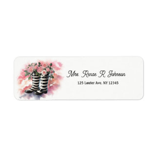 Striped Black White Rainboots Filled with Roses Label