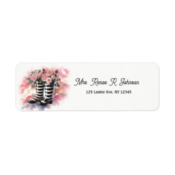 Striped Black White Rainboots Filled With Roses Label by seashell2 at Zazzle