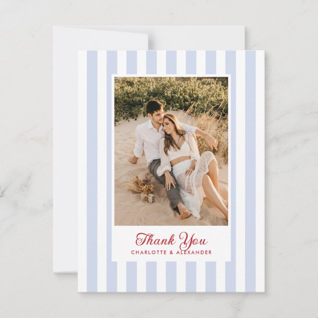 Striped Blue and Red Photo Thank You Card (Front)