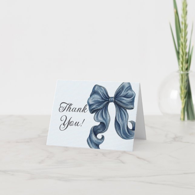 Striped Blue Bow  Letterpress Thank You Card (Front)