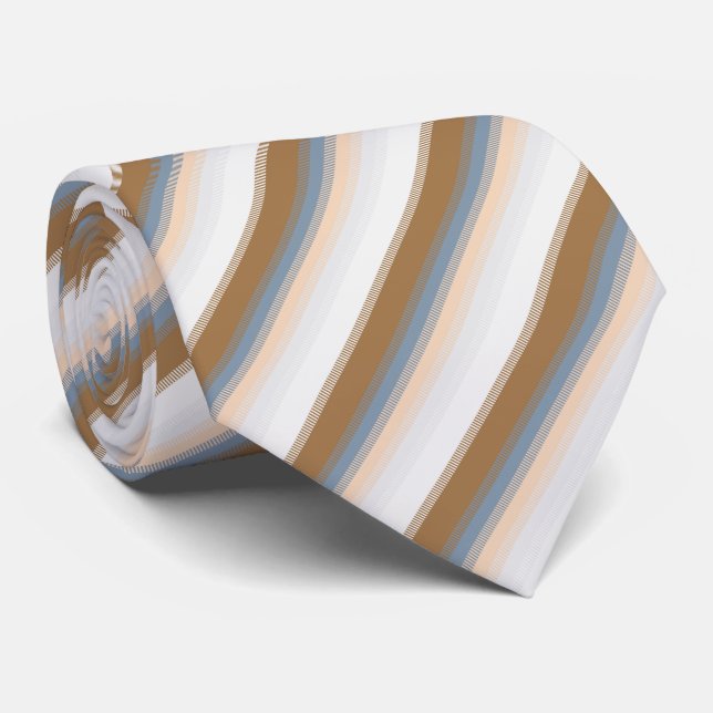 Striped Blue Gray Gray Gold Beige Brown Tan Neck Tie (Rolled)