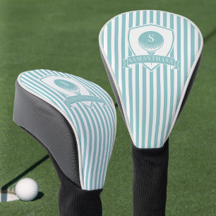 Striped Blue Green Modern Name Initial Monogram Golf Head Cover