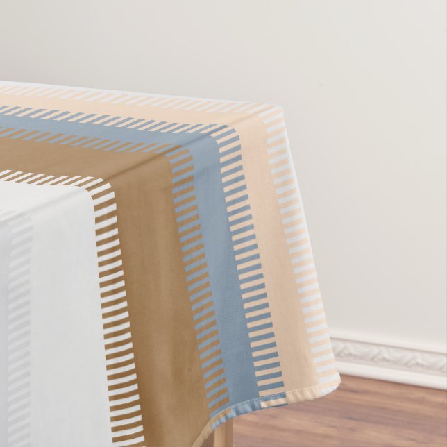 Striped Blue Grey Gray Gold Beige Brown Tan Tablecloth (In Situ)