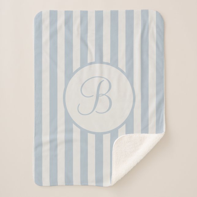 Striped Blue Mist Off White Monogram  Sherpa Blanket (Front)