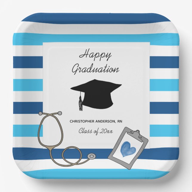 Striped Blue Nursing School Graduate Paper Plates (Front)