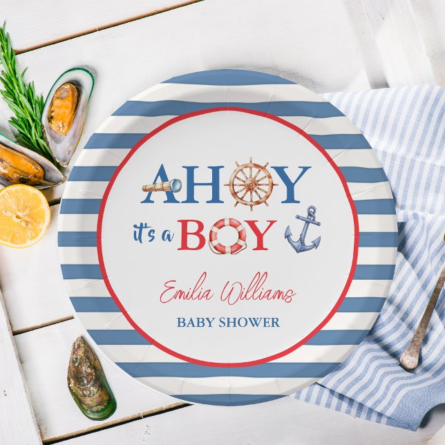Striped Blue Red Nautical Ahoy Boy Baby Shower Paper Plates (Creator Uploaded)