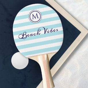 Striped Blue White Beach Vibes Coastal Monogram Ping Pong Paddle