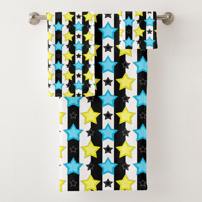 Striped Blue Yellow Stars Pattern Design  Bath Towel Set (Creator Uploaded)